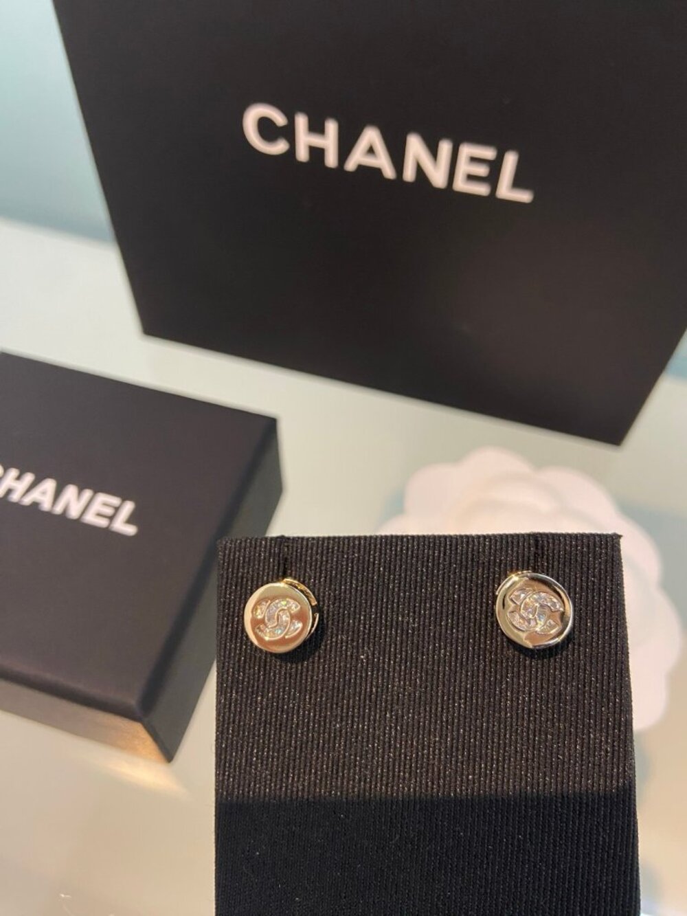 Chanel Gold-Tone Crystal CC Round Stud Earrings